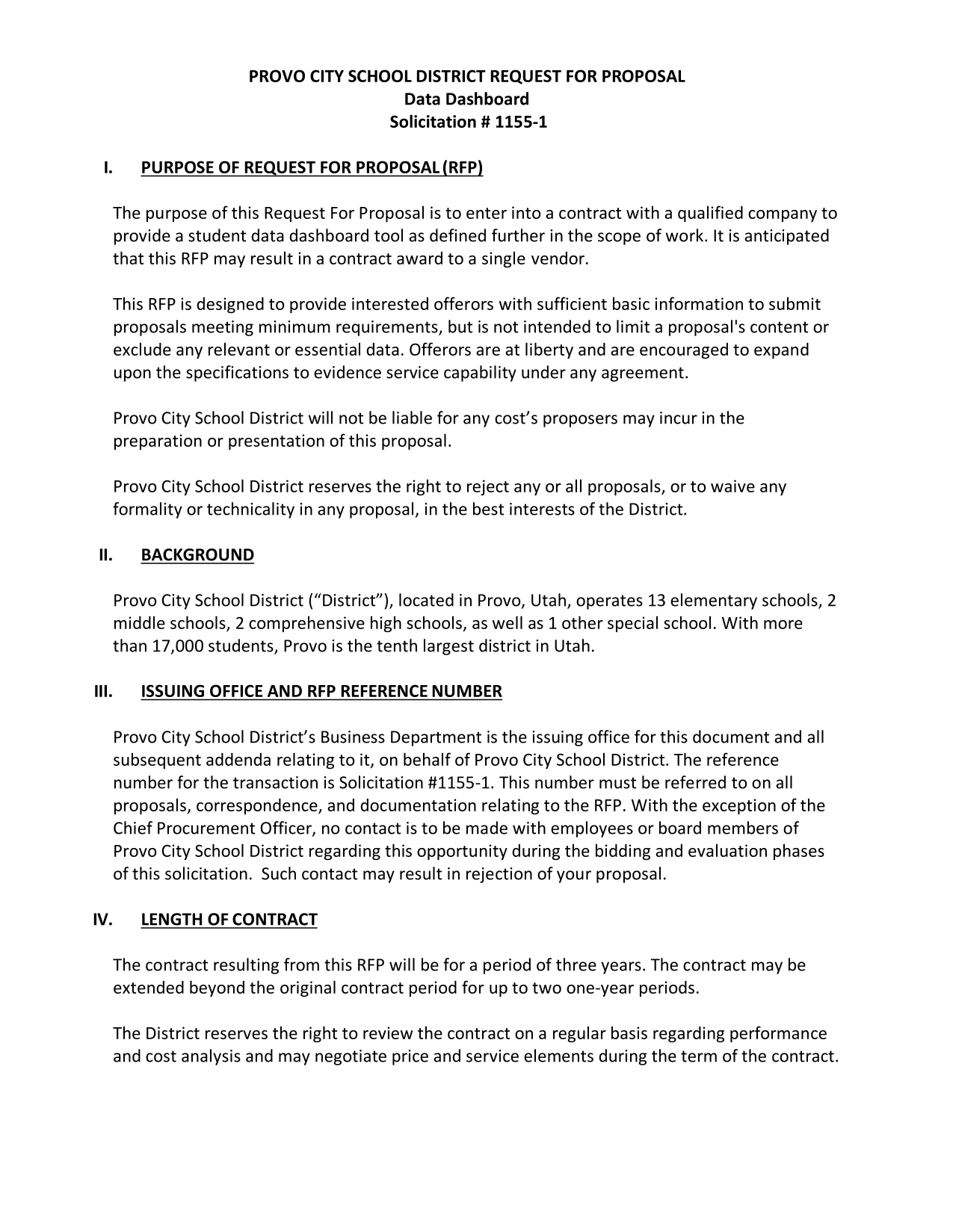 Provo City School District Request For Proposal Data Dashboard screenshot