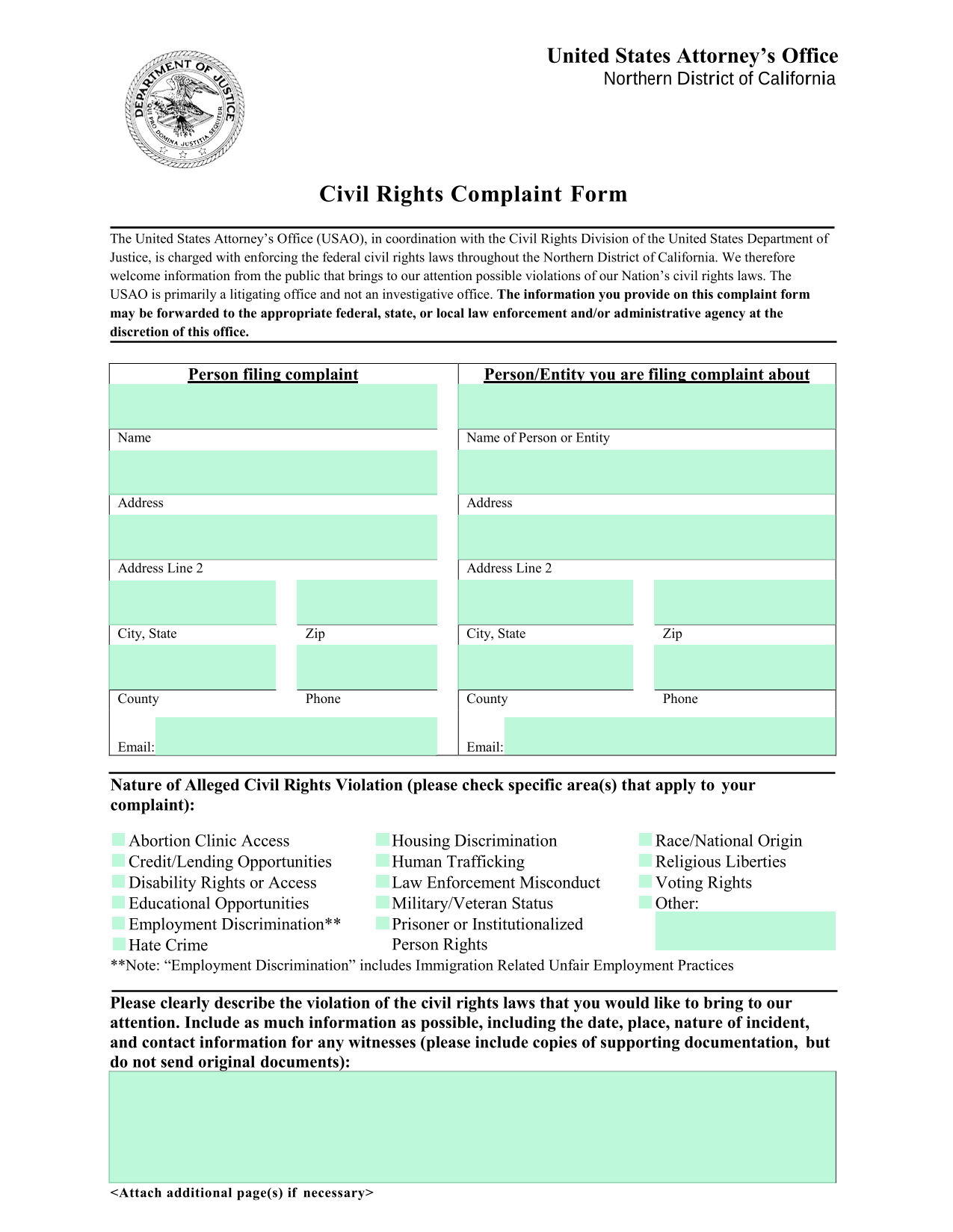 Civil Rights Complaint Form screenshot