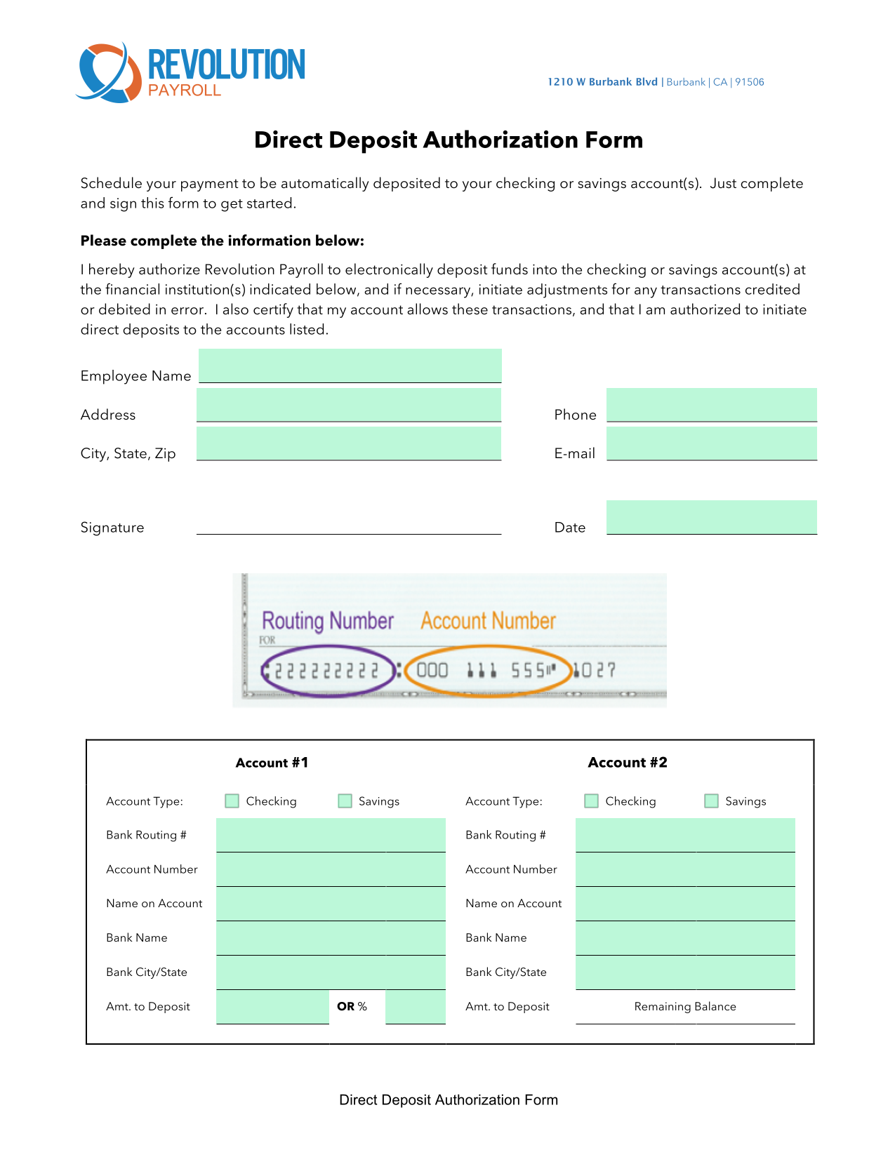 Direct Deposit Authorization Form screenshot
