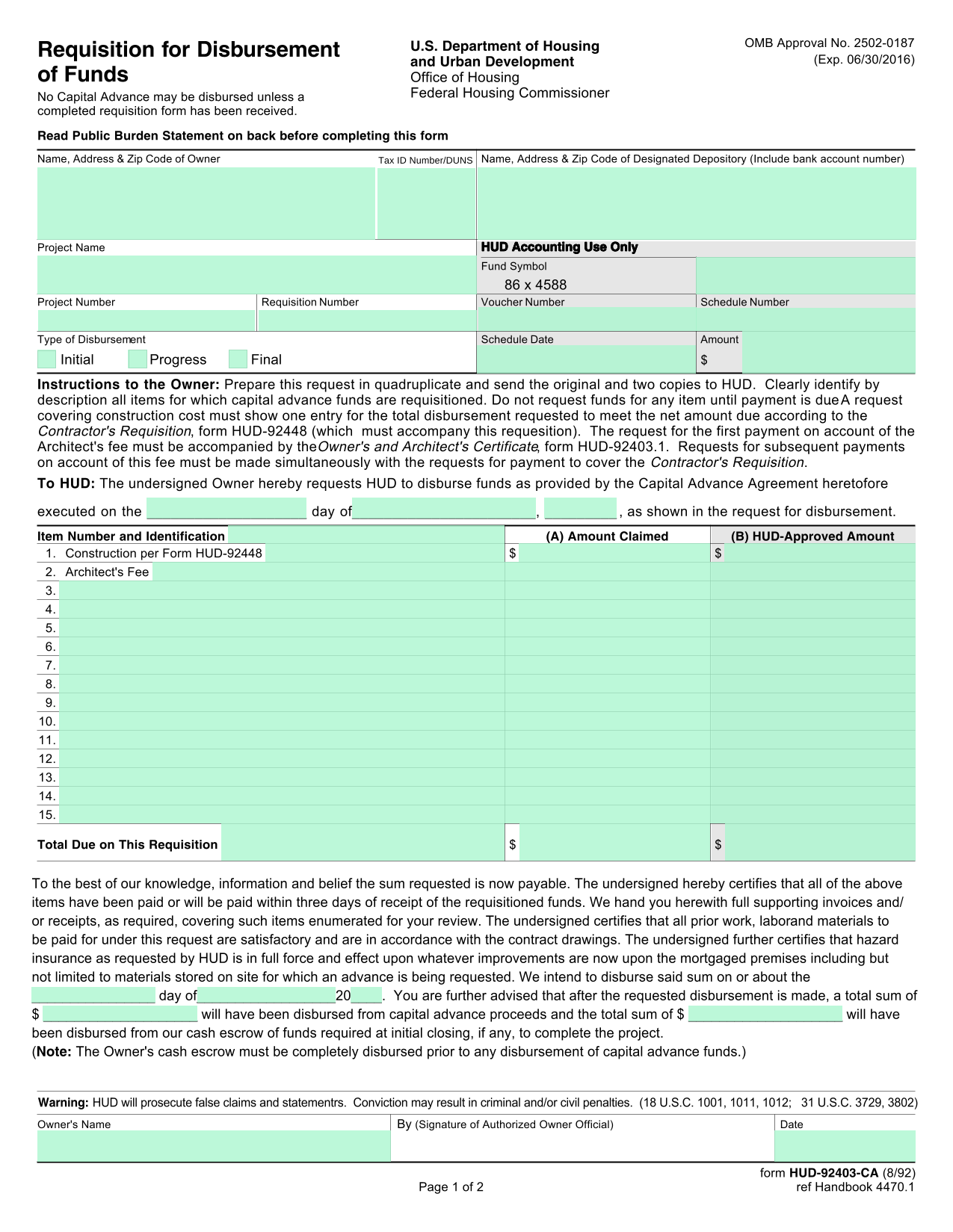 HUD 92403 CA Requisition For Disbursement Of Funds screenshot