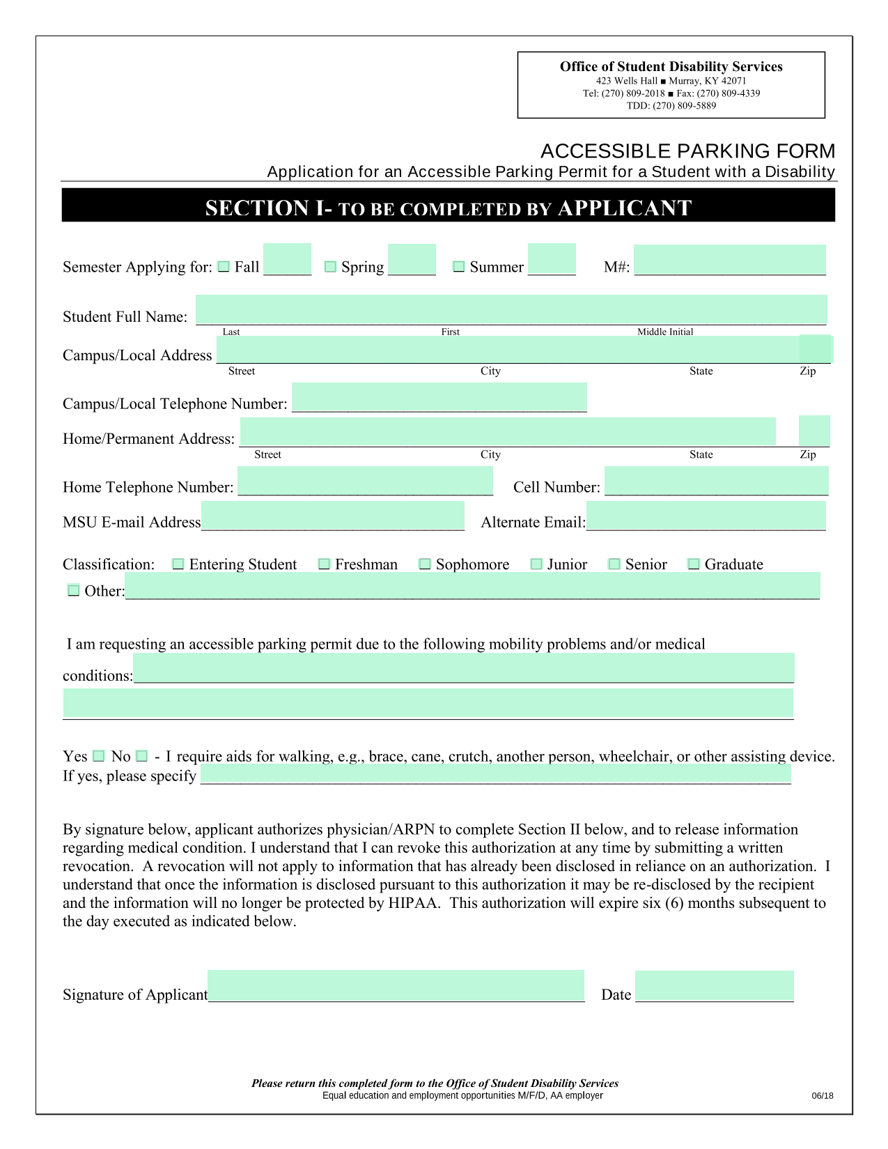 Accessible Parking Form screenshot