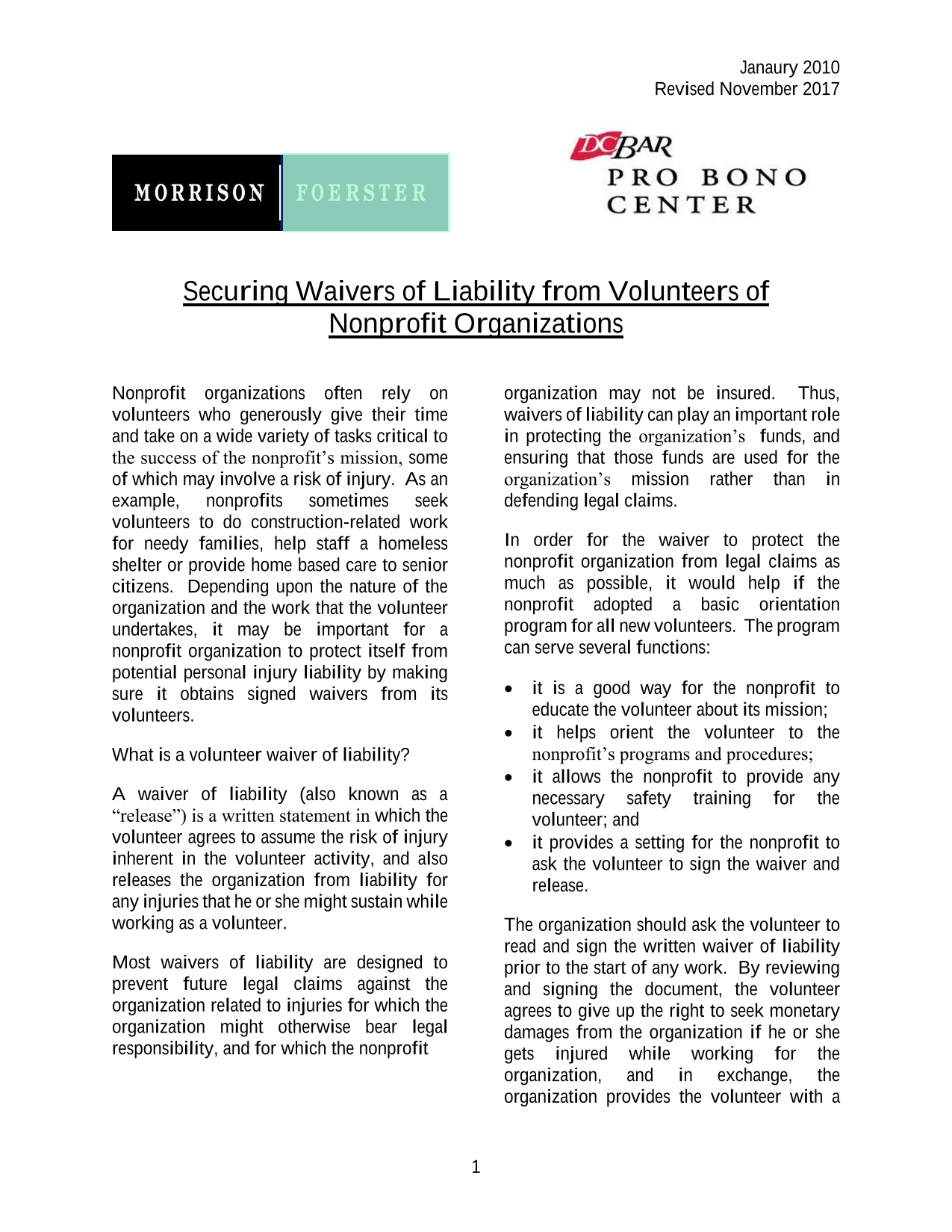 Securing Waivers Of Liability From Volunteers Of Nonprofit Organizations screenshot