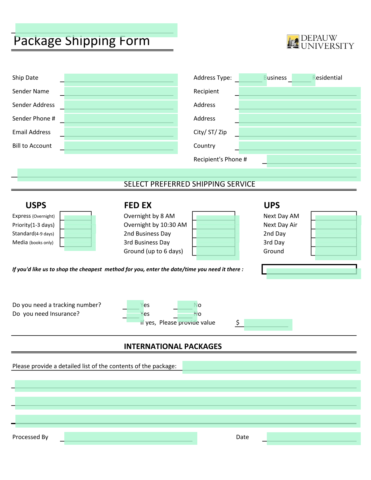 Package Shipping Form screenshot