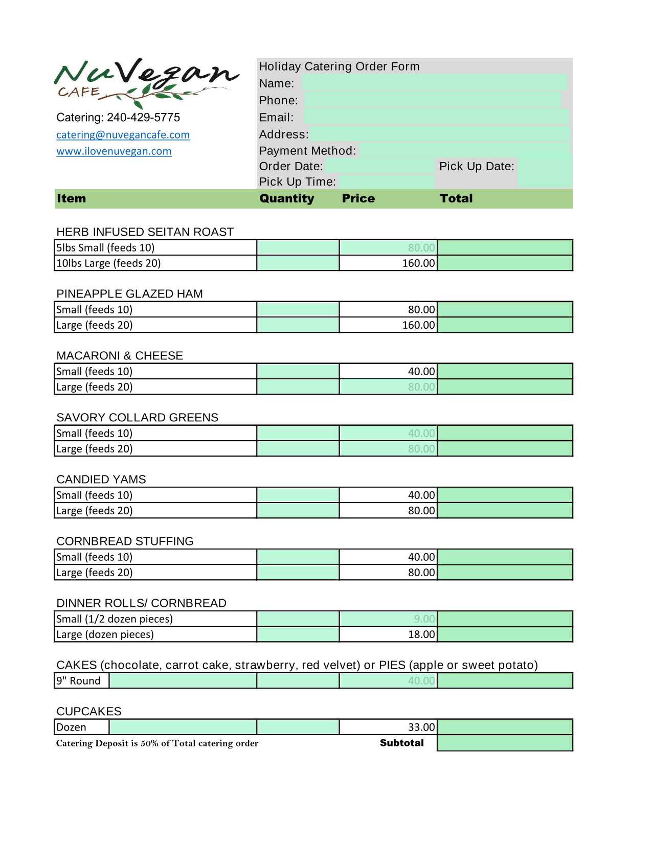 Holiday Catering Order Form screenshot