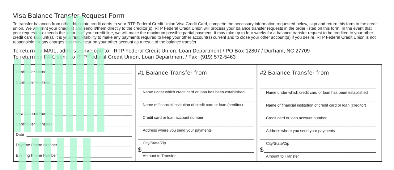 Visa Balance Transfer Request Form screenshot