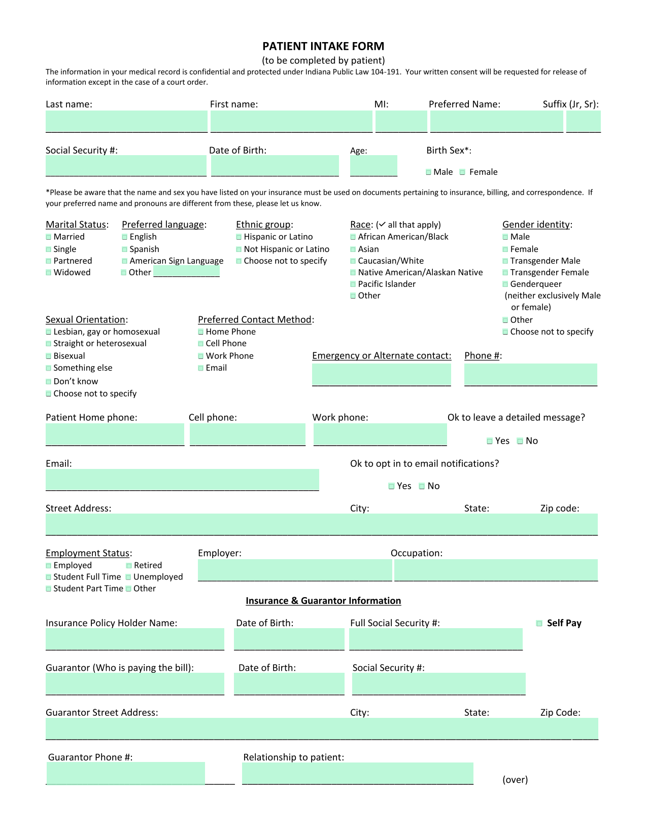 PATIENT INTAKE FORM screenshot