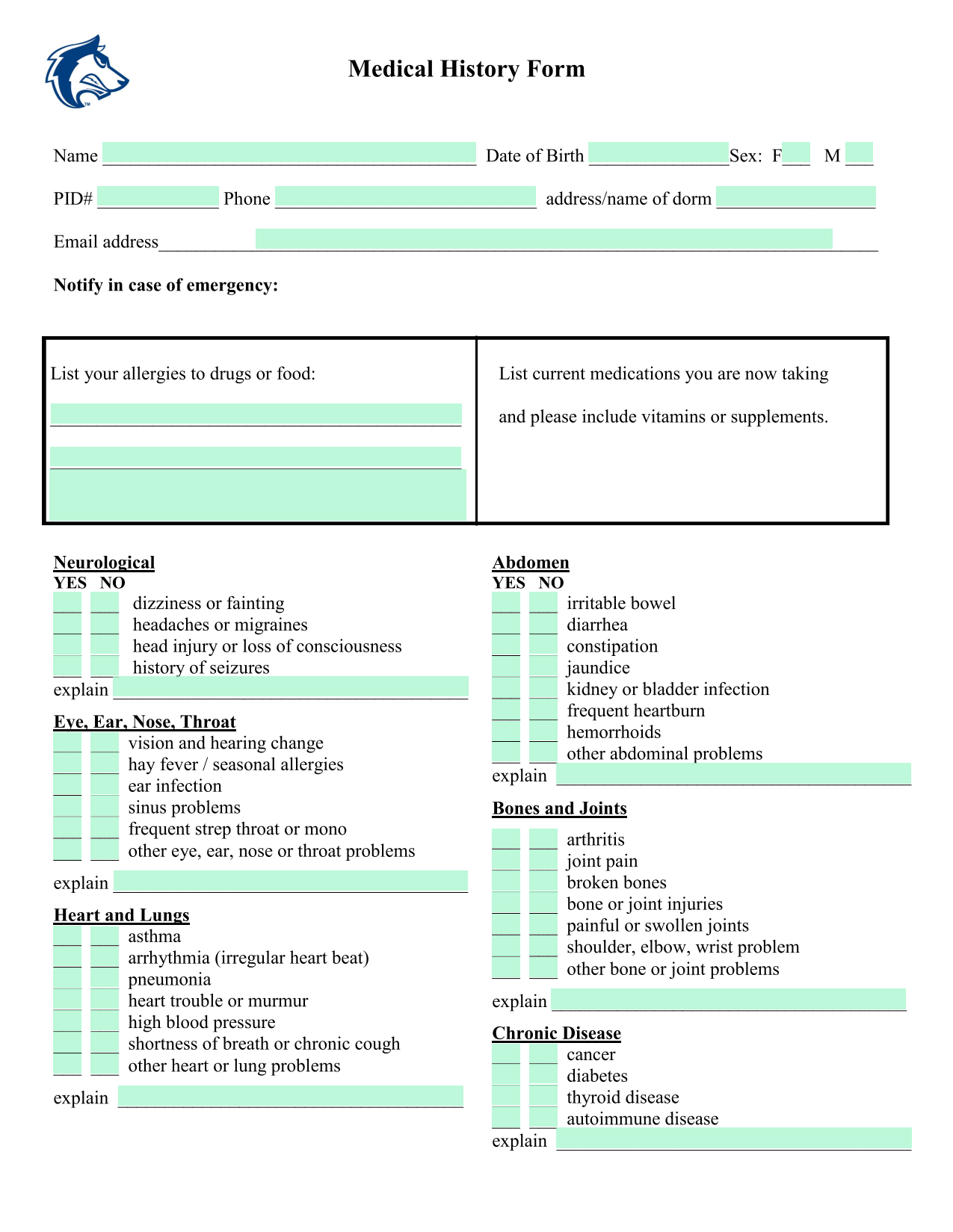 Medical History Form screenshot