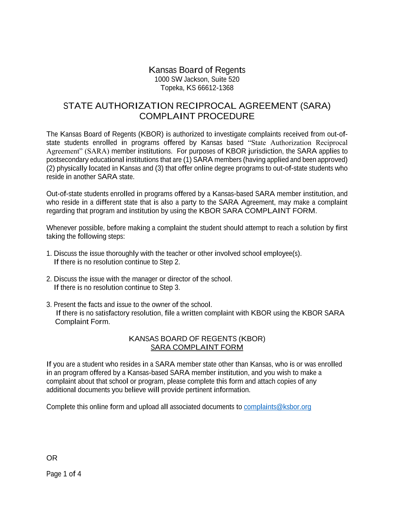 STATE AUTHORIZATION RECIPROCAL AGREEMENT (SARA) COMPLAINT PROCEDURE screenshot