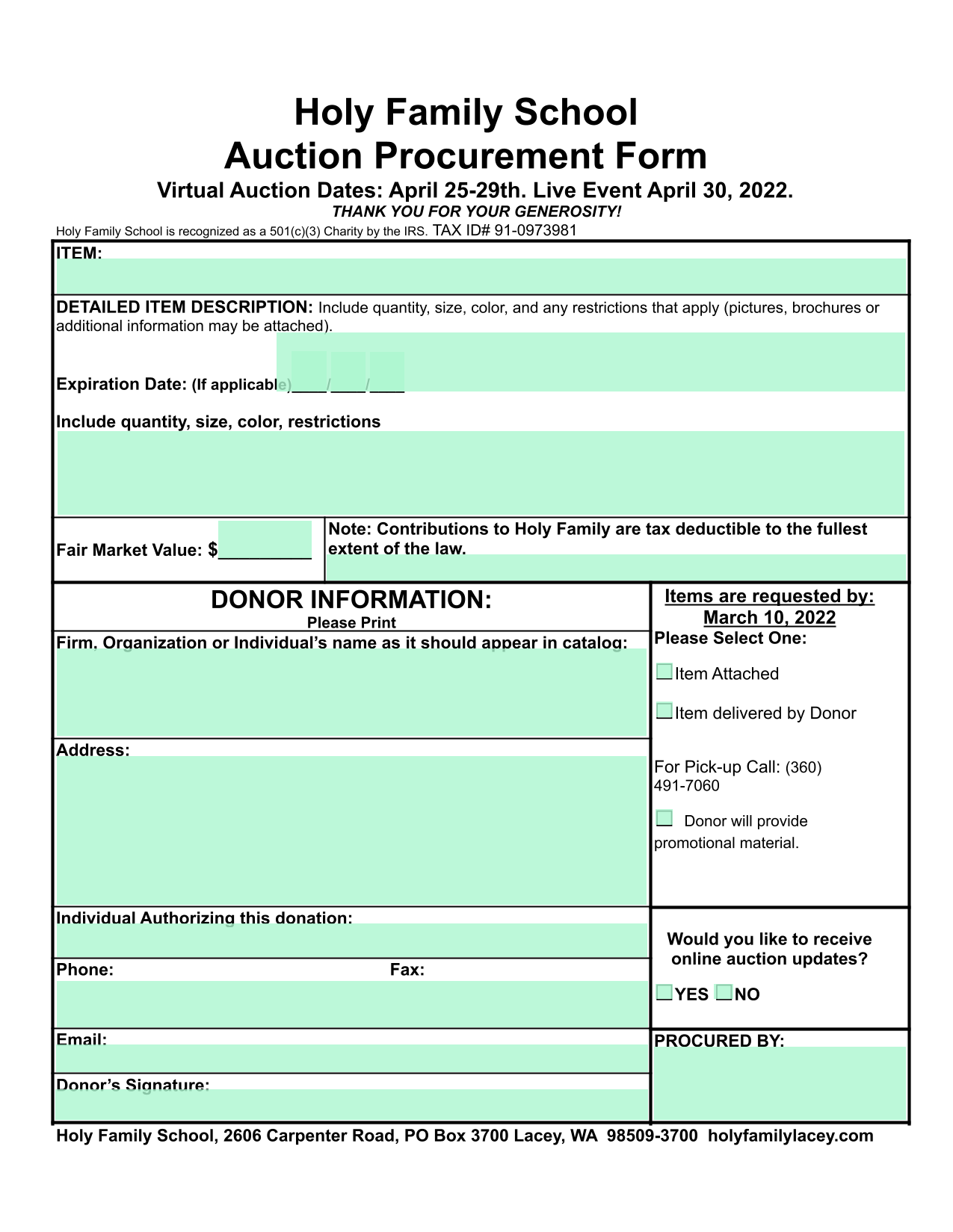 Auction Procurement Form screenshot