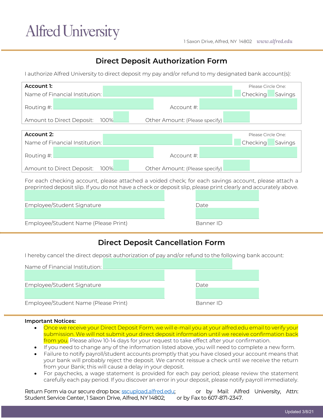 Direct Deposit Authorization Form screenshot